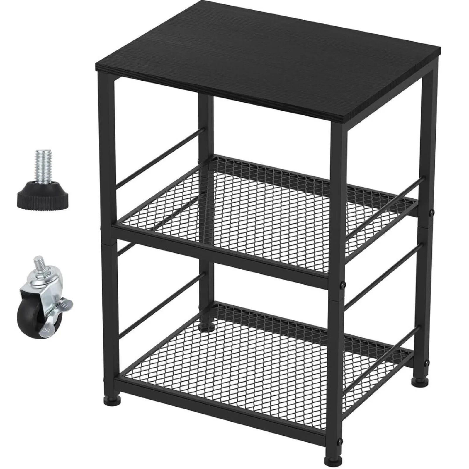 

US Industrial 3 Tier Small Side Table Black Mesh Shelve, Wheels for Bedroom Kitchen