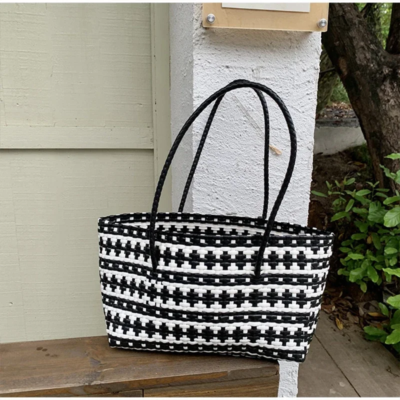 Handgefertigte Colorblock-Webtasche, Damen-Sommer-Tragetasche, Sommer-Einkaufstasche für Strandurlaub, Picknick, Haustiertransport – Detail 19