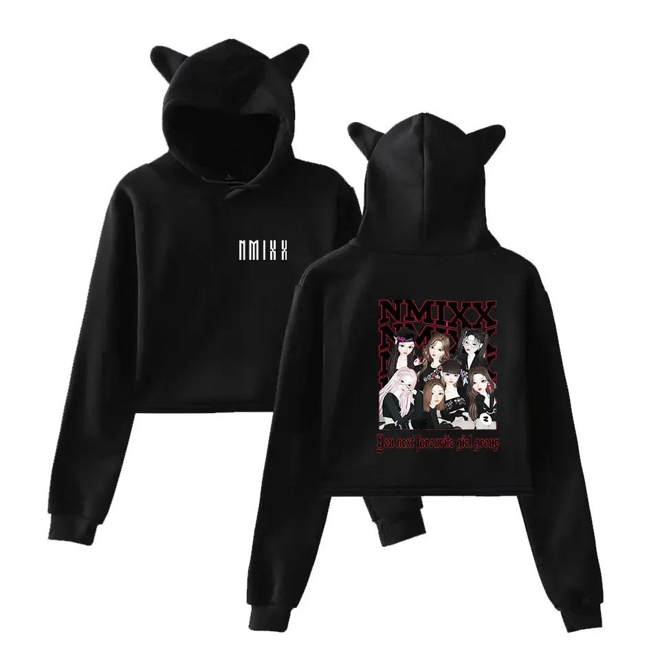 

KPOP NMIXX Ablum Crop Top Hoodie Women Harajuku Cropped Sweatshirt Streetwear Hip Hop Kawaii Cat Ear Long Sleeve Pullover Tops