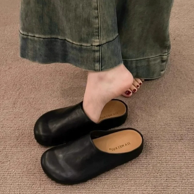 

Women's Slippers 2025 Autumn Closed Toe Round Toe Slippers New Style Retro Solid Color Flat Sandals Elegant Lady Mules Shoes