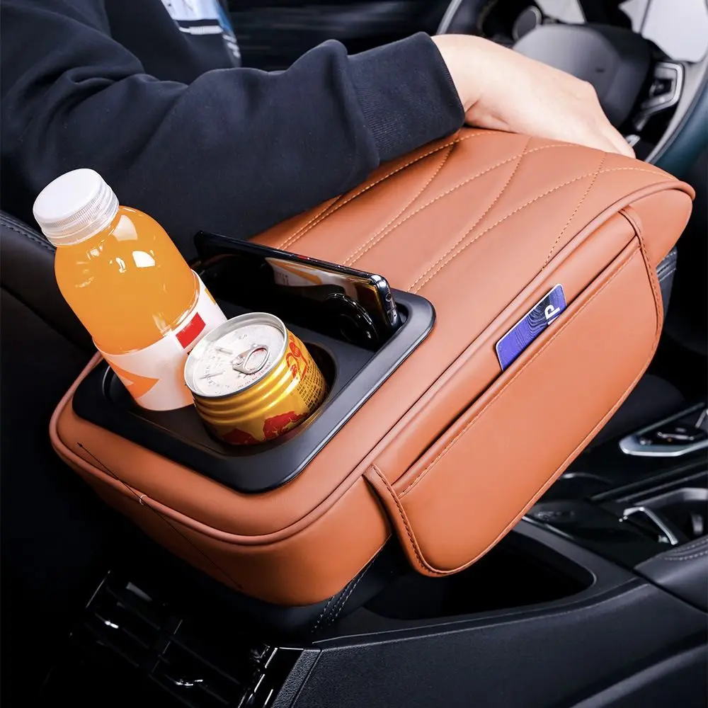 Center Console Armrest Cushion Multifunctional PU Leather Car Armrest Pillow with Cup Holder Height Increasing Part & Accessorie