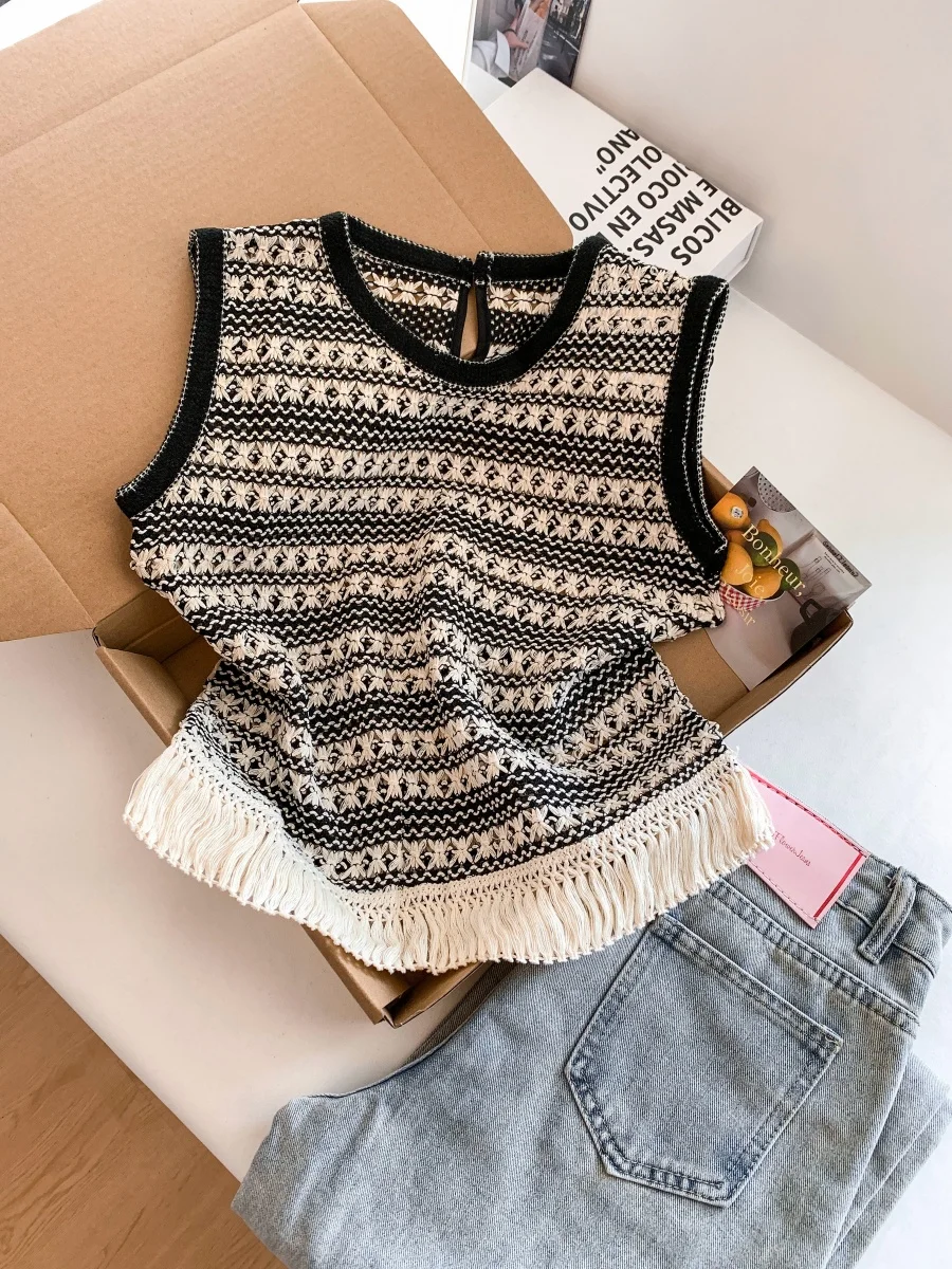 

Retro Knitted Stripe Tassel Vest Svel Women's Summer Top Straight Korean Sle No oulder Knitted Silk Blend Vest
