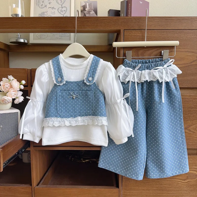 

Girls wear 2025 autumn new polka dot denim three-piece set cute fashionable female baby suit clothes children's clothing