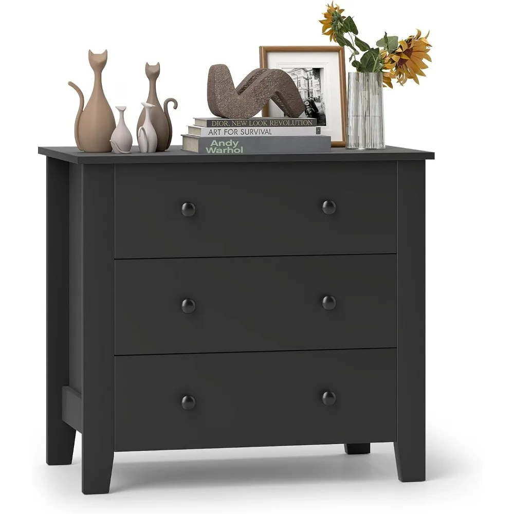 

3-Drawer Wooden Dresser, Chest of Drawers with Round Metal Knobs, Sofa Beside Table, Nightstand, Mid-Century Modern Dresser for