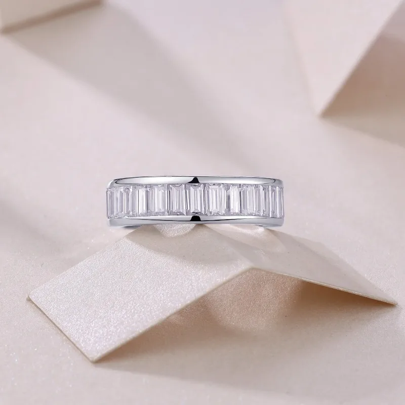 S925 Silver Iced Out Baguette Cut Moissanite Eternity Ring Fine Jewelry Platinum Plated Pass Diamond Tester Wedding Band Gift