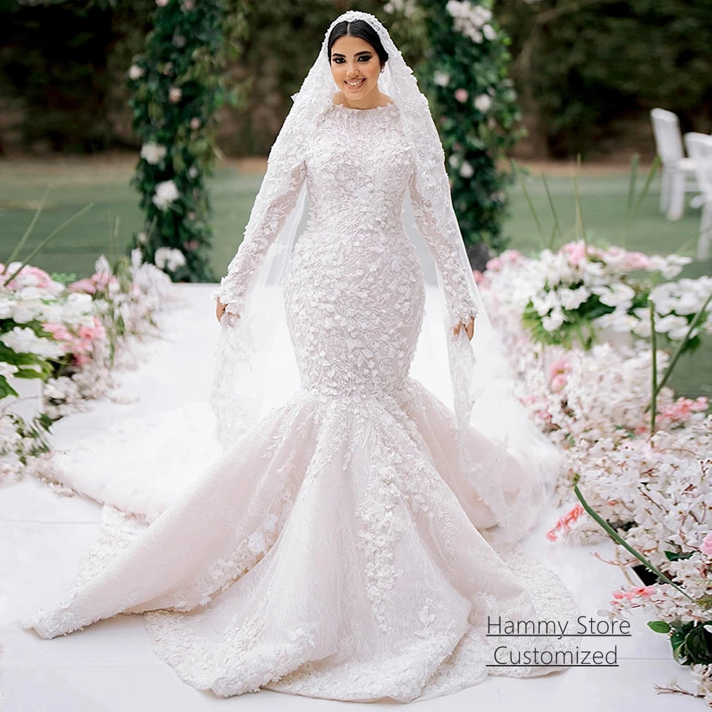 Customized Exquisite Lace Mermaid Wedding Dress Long Sleeves O Neck Flowers Applique Court Train Bridal Gown for Bride