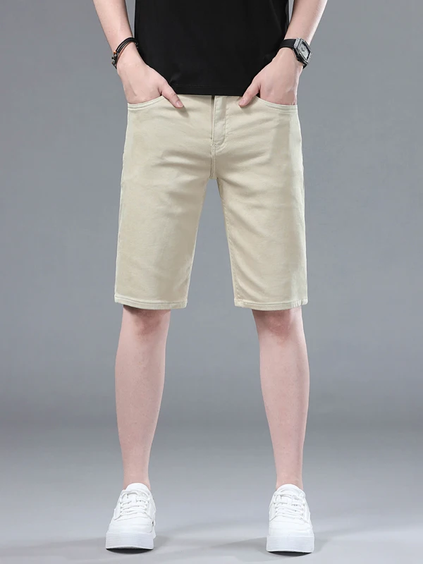 

Высококачественные легкие мужские джинсовые шорты из шелкового лиоцелла, повседневные летние тонкие эластичные джинсы прямого кроя длиной до колена