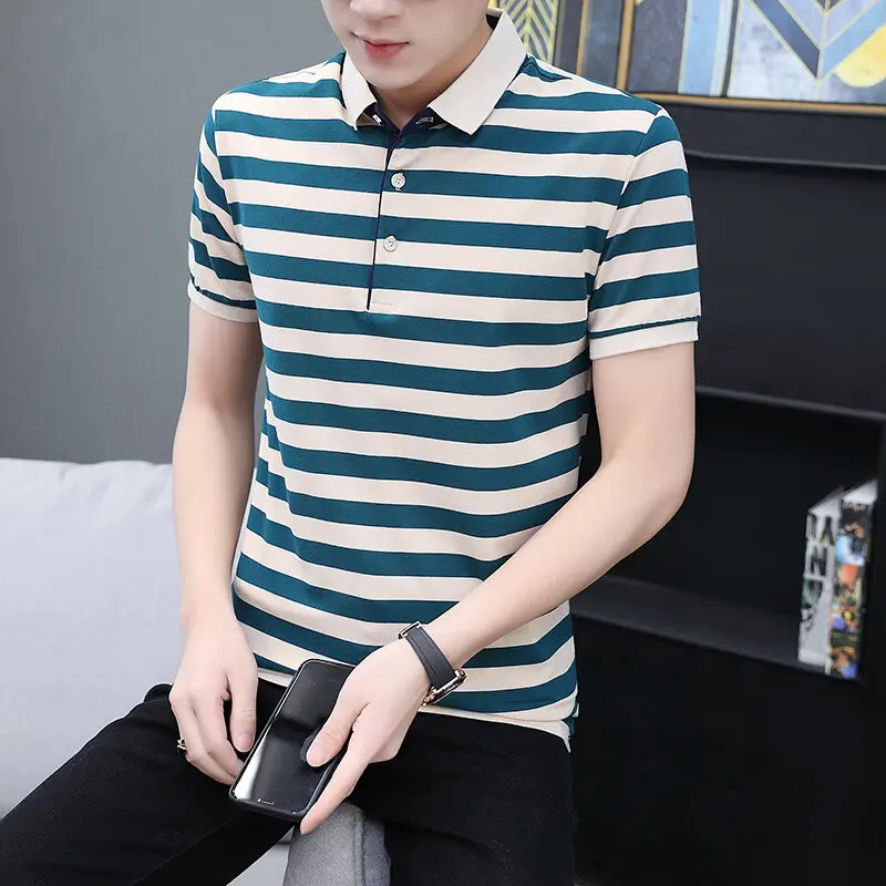 Clássico masculino fino ajuste listrado algodão polo camisas 2025 verão manga curta topos t casual botão lapela pulôver polos roupas