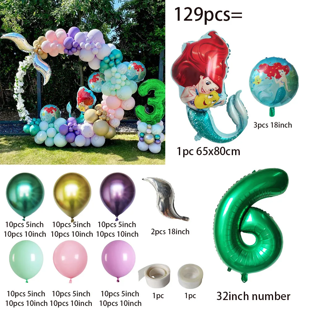 129Pcs Green Mermaid Theme Shell Balloon Arch Kids Girl Birthday Decoration Baby Shower Under The Sea Mermaid Wedding Supplies