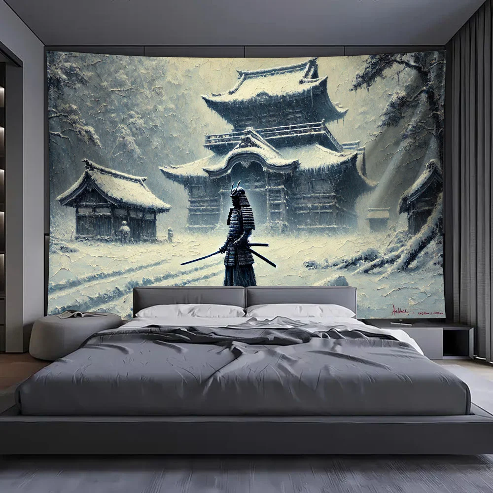 Winter Samurai Tapestry, Samurai Warrior With Katana Snow Covered Japanese Temple Scenery Pattern Wall Tapestry for Indoor Home