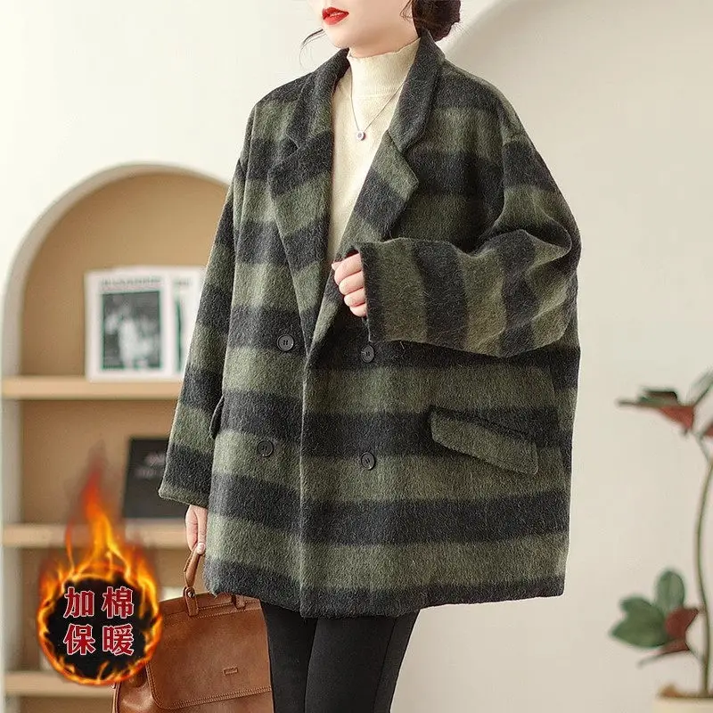 Retro Fashion Contrast Striped Woolen Blazer Women Autumn And Winter Loose Large Size Thickened Warm Jacket Suit Top Z3633