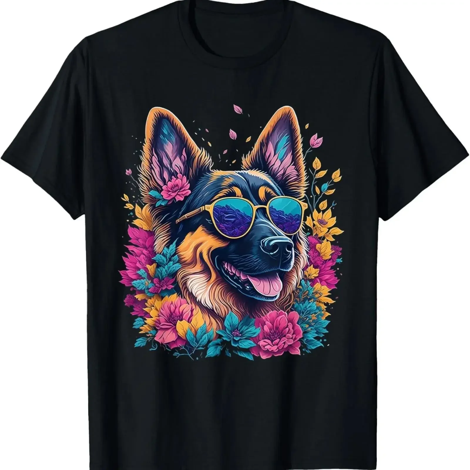 Floral German Shepherd Dog Lover Sunglasses Flower Cute Women Girls T Shirt vintage Washed Slightly Versatile streetwear Unisex