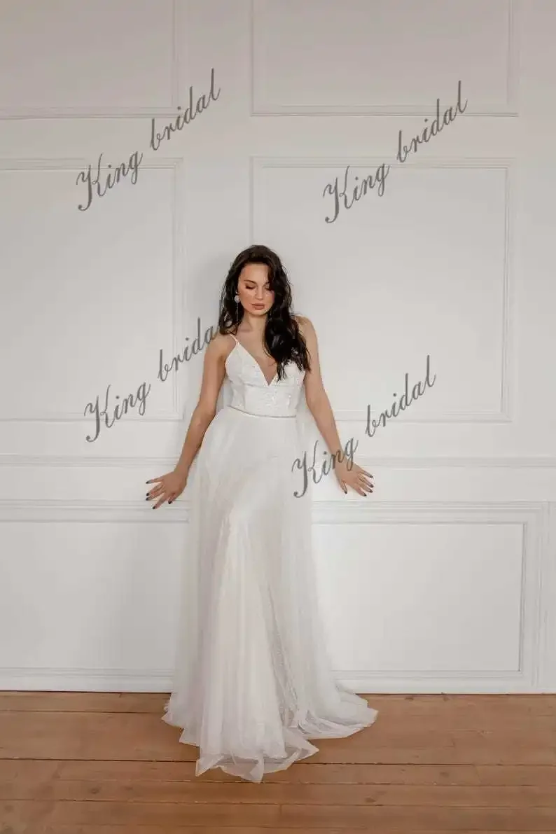 

Custom V Neck Spaghetti Straps Engagement Dress Simple Wedding Gown Tulle Wedding Dresses A Line Elegant Backless Wedding Dress