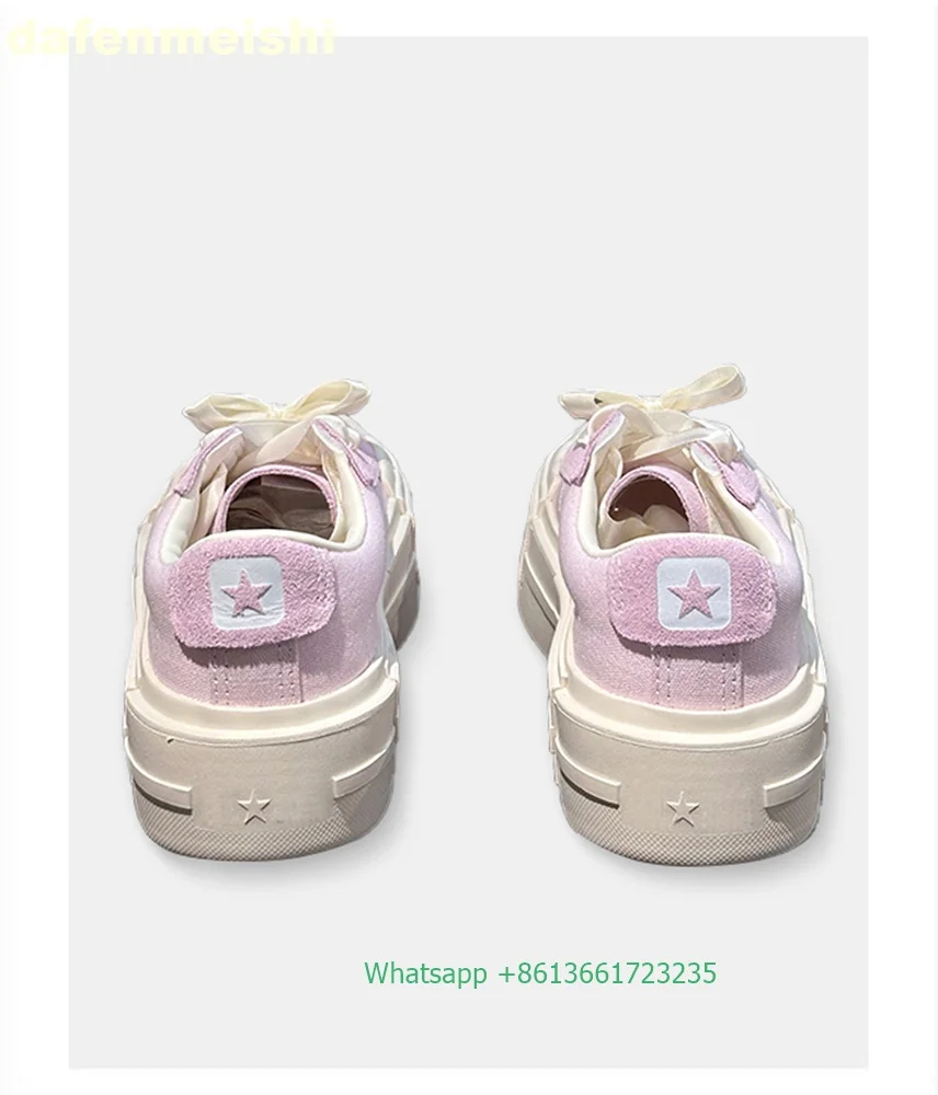 Low-Top Pink Canvas Shoes Silk Bow Laces 2025 New Casual Sports Shoes Thick-Soled Height-Enhancing White Platform Shoes