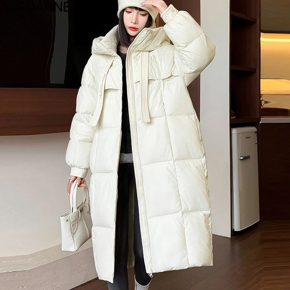 VigoAnne 2025 Loose Solid Hooded Down Long Coat Women Zipper Long Sleeve Pocket Winter Korean Jacket Lady Thick Warm Outwear