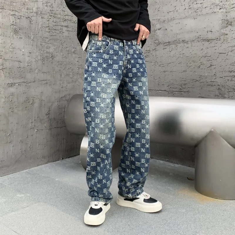 

New Fully Printed Spider Letter Embroidered Loose Straight Leg Jeans For Men Heavyweight Washed Trendy Brand Jacquard Cool Pants