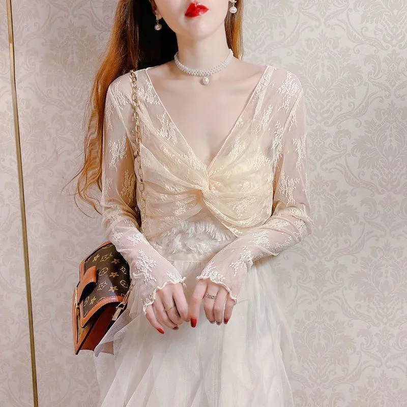 2024 New Women Long-sleeved Lace Top Lady Summer Sunscreen Shawl Mesh Bottom Shirt Hollowed-out Gauze Dress Suspender Skirt