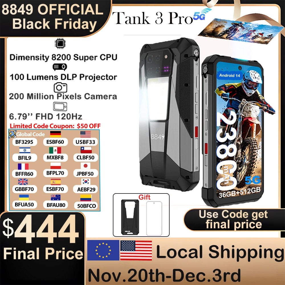 8849 Tank 3 Pro Unihertz Robustes Projektor-Smartphone 23800 mAh 5G Android14 Outdoor-Telefon 512 GB + 36 GB 120 W Schnellladung Dual Sim