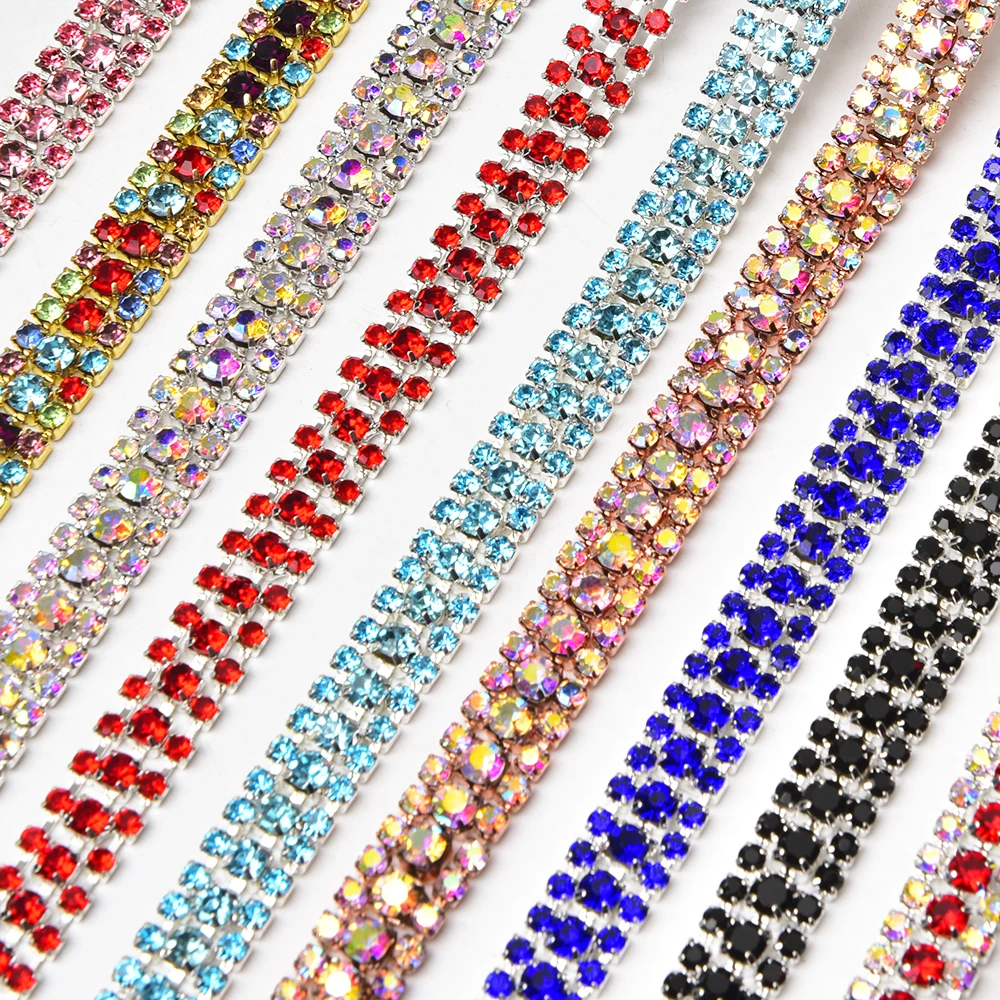 Bling 3Rows Sliver Base Colorful Sew On Rhinestone Cup Chain Gold Silver Base With Claw Dress Decoration Trim Applique