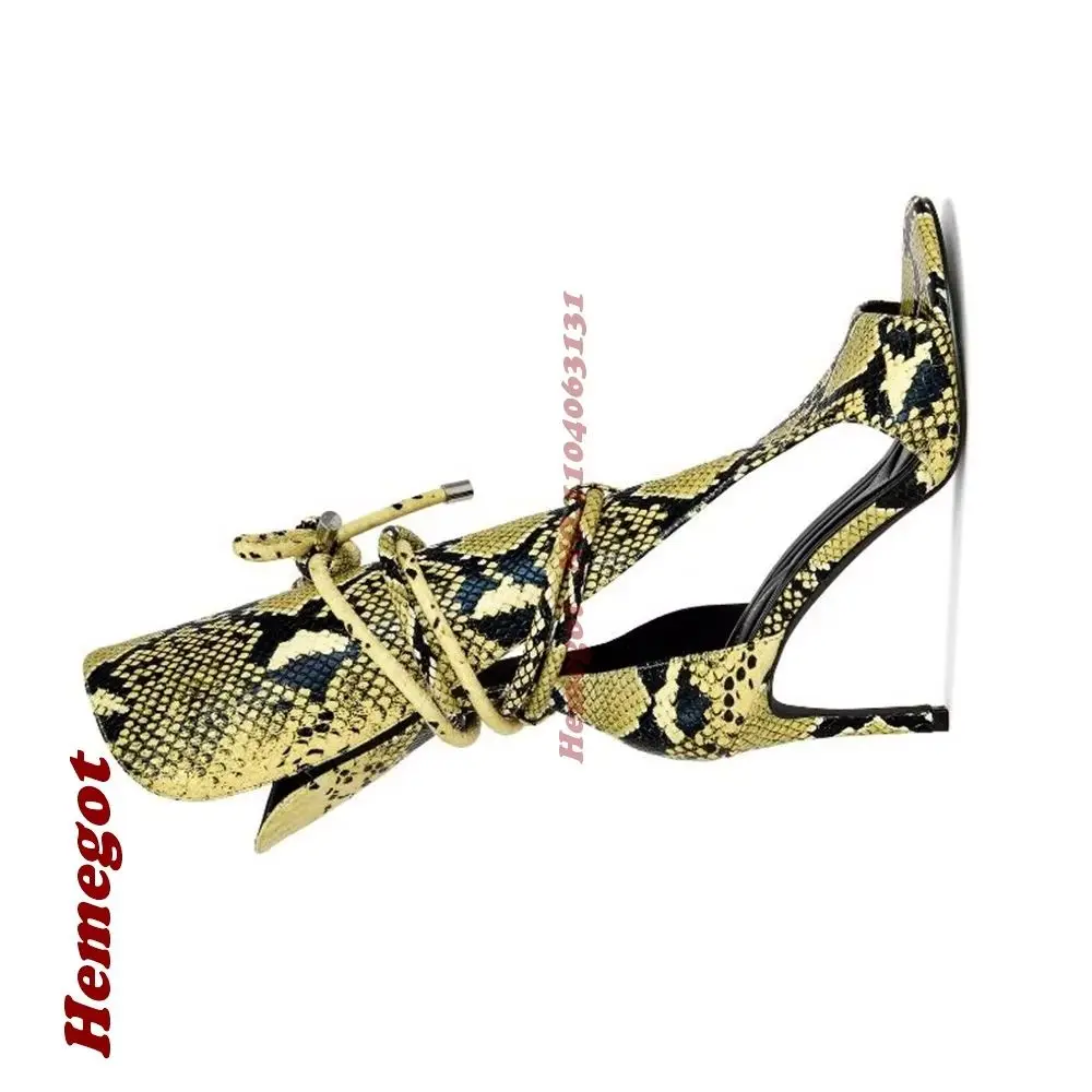 Sandalias Gladiador con Estampado de Serpiente Amarillo, Punta Abierta, con Cordones, Laterales Calados, Tacón de Aguja Fino, Estilo Western, Botines de Tacón Alto, Zapatos con Diseño de Empalmes