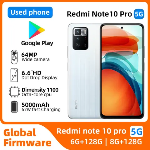 Redmi note 10 pro Android 5G desbloqueado 6,6 pulgadas 8GB RAM 128GB ROM Todos los colores en buenas condiciones Teléfono original usado