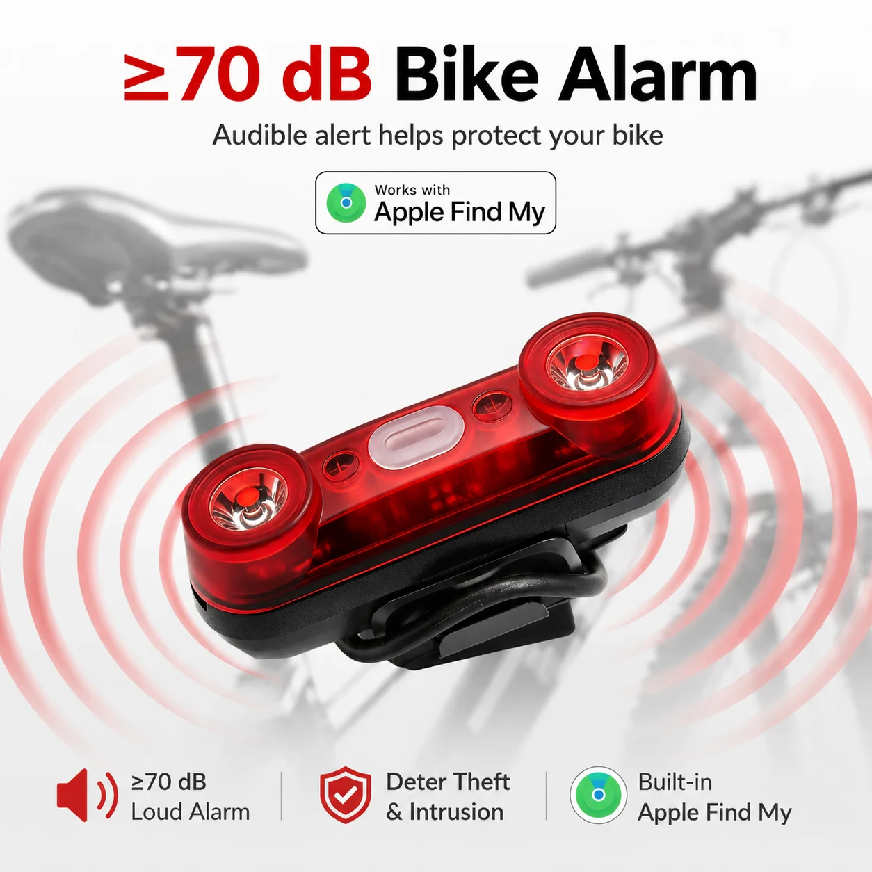 Smart Bike Rear Light with Apple Find My Tracker & 70dB Alarm - Super Bright LED, 30H USB Battery, IPX4 Waterproof Taillight