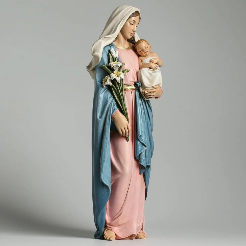 تمثال مادونا والطفل المرسوم يدويًا 13.5، ديكور منزلي كاثوليكي، مريم مع شخصية يسوع الطفل، تمثال مريم العذراء المباركة