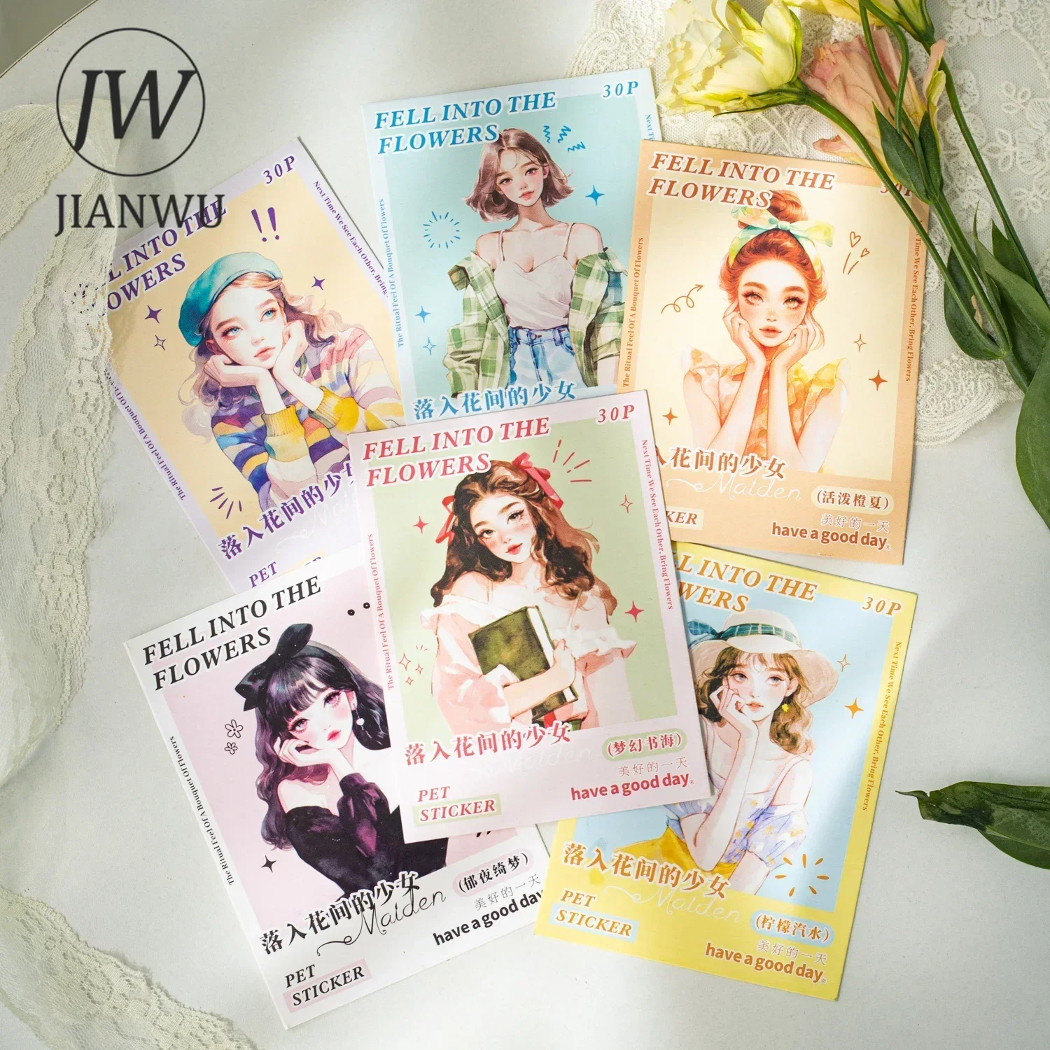 JIANWU Fell Into The Flower Series Literary Girl Character Material Collage PET Sticker Creative DIY Journal Stationery