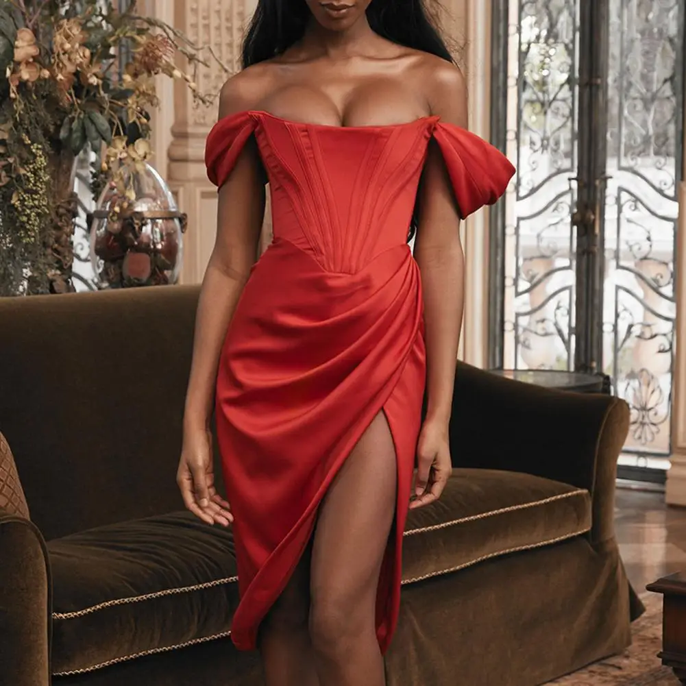 Suknia wieczorowa szata drapowana satynowa gorset sukienki Bodycon nocna impreza klubowa suknia z odkrytymi ramionami elegancka sukienka gorsetowa w stylu vintage z odkrytymi plecami — zdjęcie 3