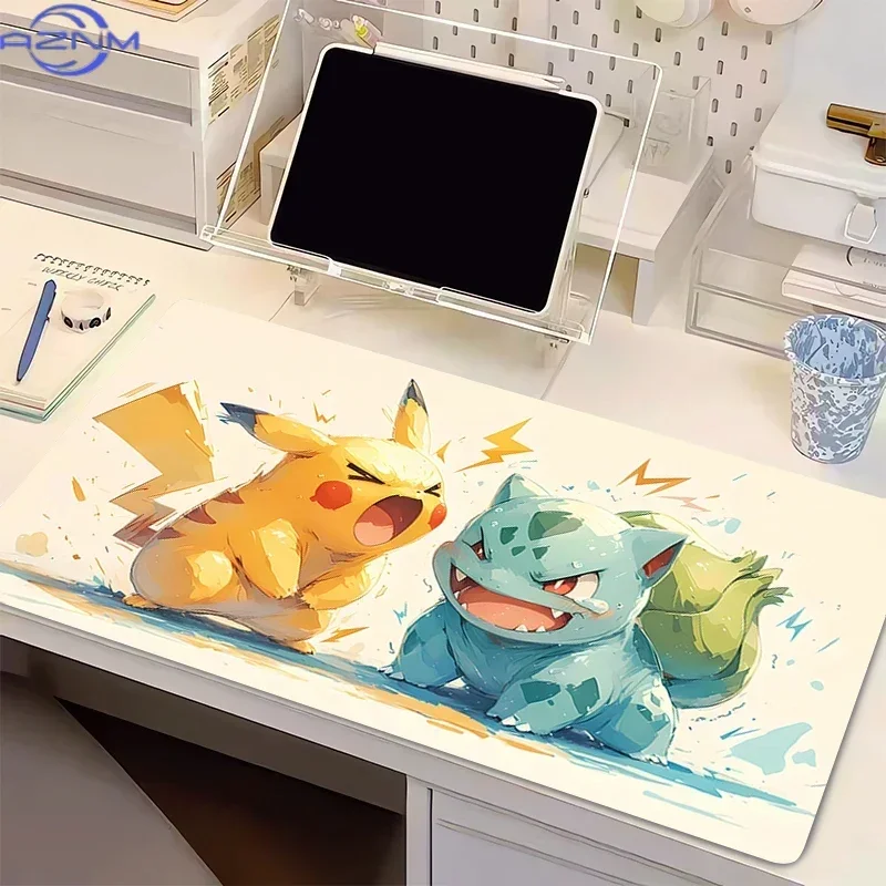 Pikachu and Bulbasaur Watercolor Anime Large Mousepad, Rubber Non Slip Desk Mat for Gaming and Office Desktop Decoration