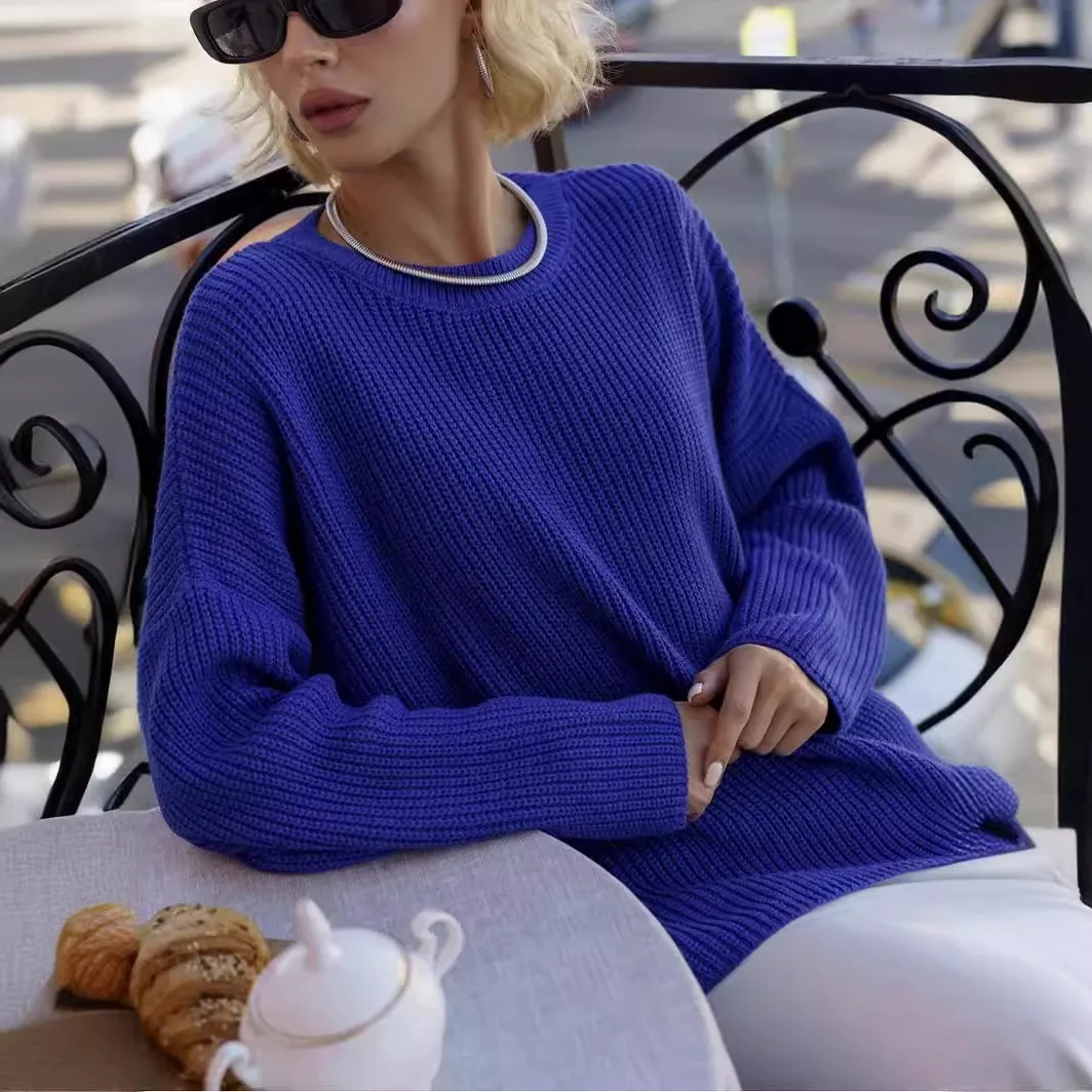 Sweter damski w jednolitym kolorze Luźne swetry damskie z dekoltem w szpic Minimalizm Dzianinowe topy Modny sweter w paski