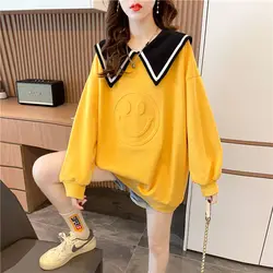 Sweet Peter Pan Collar Sailor Loose Casual T-Shirt Female Clothing 2023 Autumn Oversized Korean Tops All-match Tee Shirts