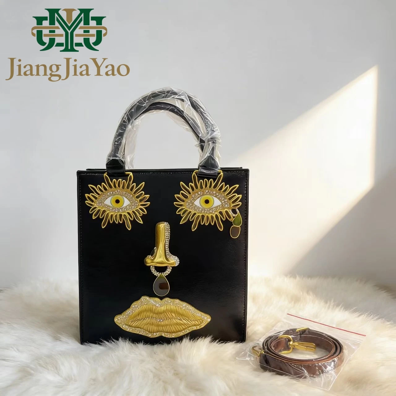 2026 Summer New Women's Leather Handbag 3D Face Hand Grip Pattern Tote Bag Silver Patent Leather Square Versatile Shoulder Bag