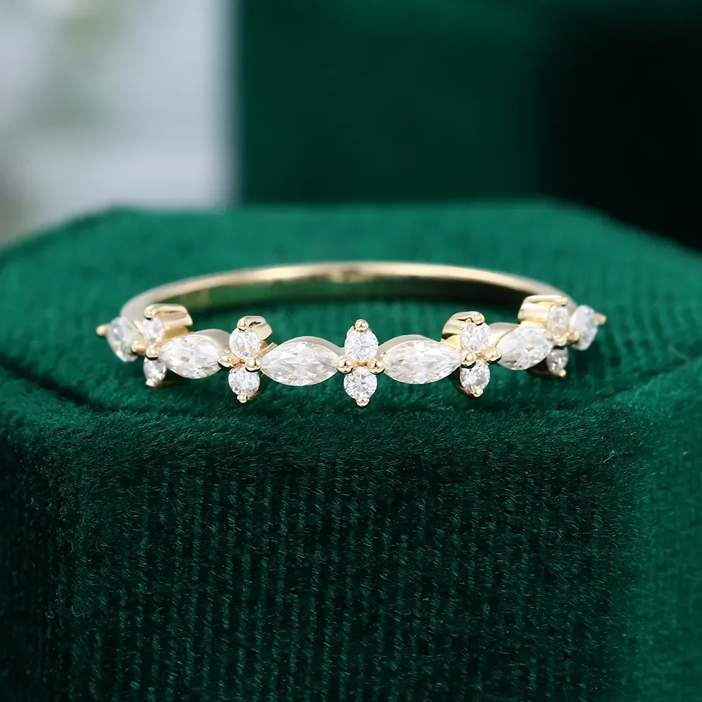 

Real 14k Rose Gold Marquise & Round Cut Vintage Moissanite Half Eternity Wedding Band Matching Bridal Promise Ring for Women