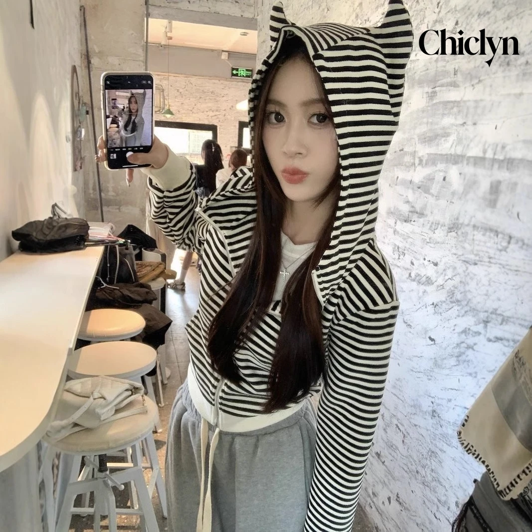 Loose Holiday Striped Sweatshirt Devil Horn Open Cardigan Women's Korean Design Slimming Slim Fit Top
