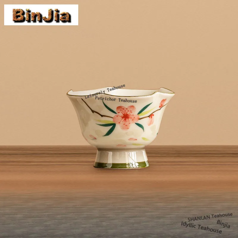 

25ml Hand Drawn Peach Blossom Ceramic Teacup Cute High Footed Cup Plate Set Personal Host Cup Tasting Tea Bowl With Saucer Kit