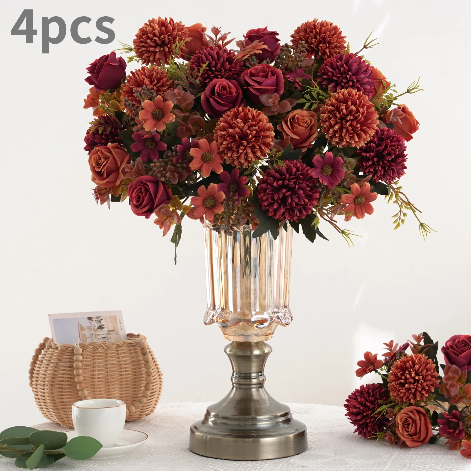 1/4pcs Artificial Rose  Chrysanthemum Flowers Bouquet  Wedding Home Table Birthday Thanksgiving Decor Reusable Bouquet of Rose