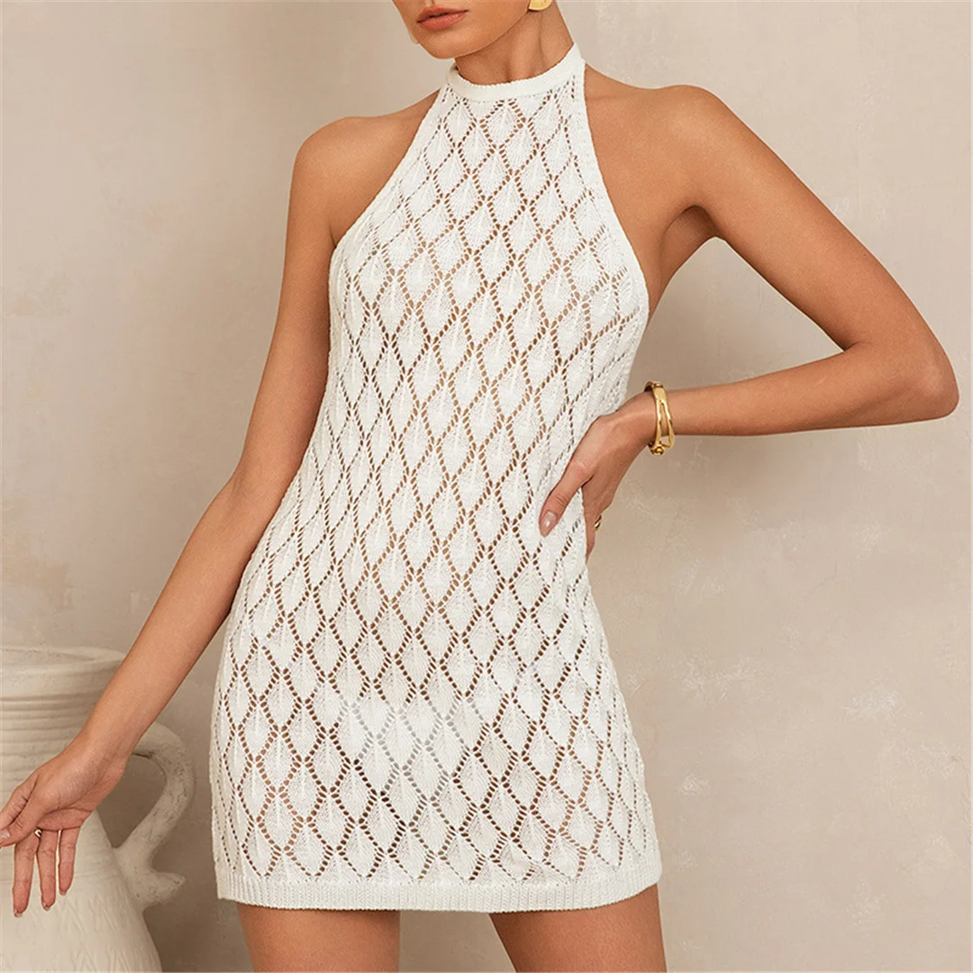 Rückenfreies, ausgeschnittenes, gehäkeltes, gestricktes Tunika-Strandkleid, Strandkleidung, Strandüberwurf, Cover-up, Damen V7220 – Detail 7