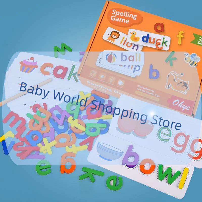 52개 아기 퍼즐 몬테소리 게임 28개 학습 카드 포함 영어 알파벳 철자 단어 나무 교육용 장난감 어린이용