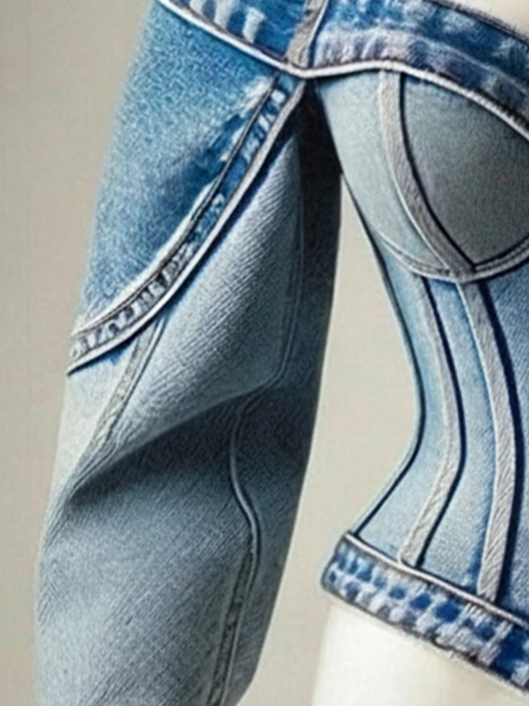 

Женская джинсовая блузка-кардиган с открытыми плечами, на молнии, укороченная, приталенная, с длинными рукавами, с эффектом утяжки на талии