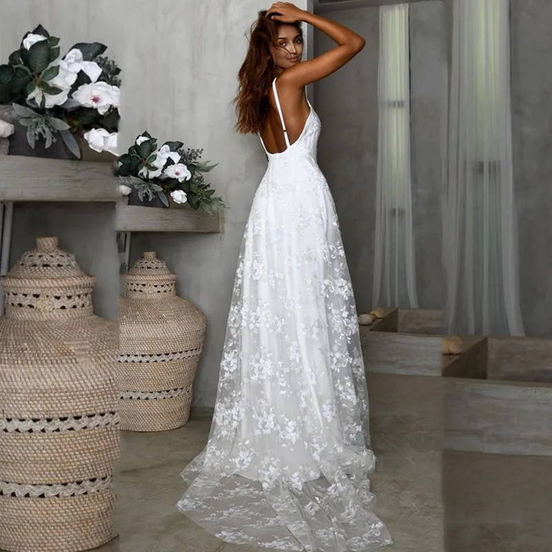 LoveDress Sexy Deep V-Neck Wedding Dress With Side Split Spaghetti Straps Beach A-Line Bride Gown Backless Vestido De Casamento