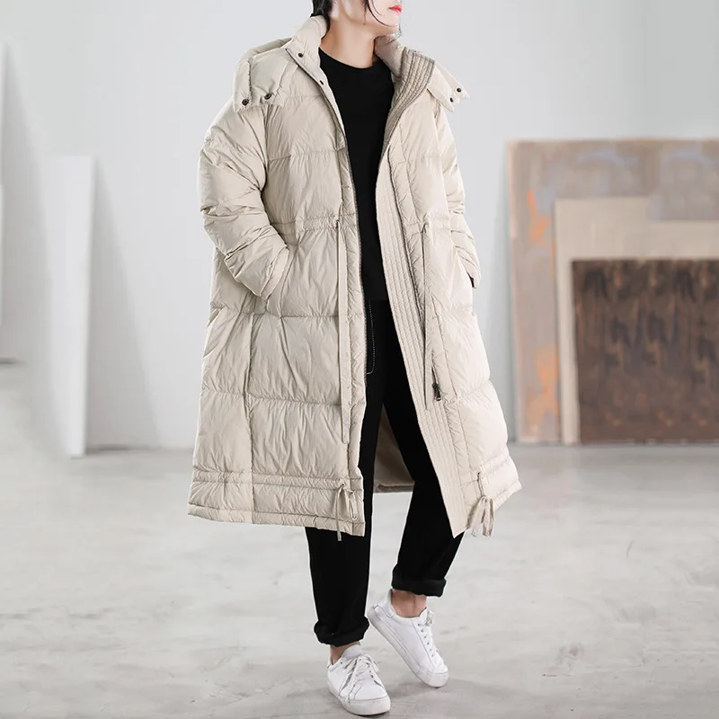 Women's White Duck Down Long Jacket with Hood, Large Size, Loose, Thick Down Jacket, Waist Over the Knee, Slim Solid Color Coat