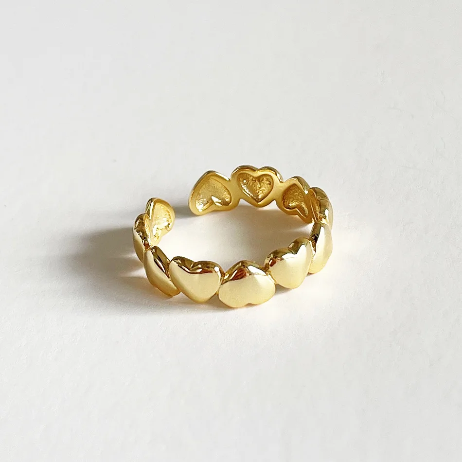 18K Gold INS Authentic Solid 925 Sterling Silver Jewelry Stack Heart Ring adjust C-J1175