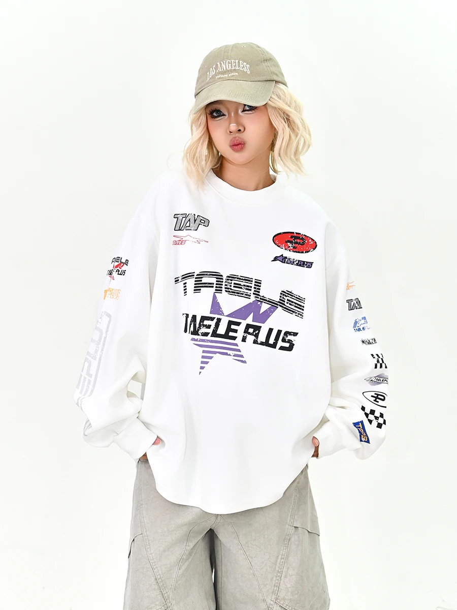 

Женская свободная футболка с длинным рукавом в уличном стиле, весна 2026, новинка, повседневная, удобная, парная, с животным принтом, круглый вырез