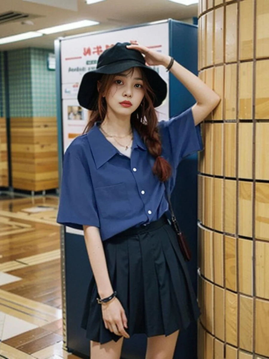 

Casual Fashionable Neck Blue Short Sleeve Shirt Women Summer New Commute Versatile Shirt Top Loose Fit Korean Style