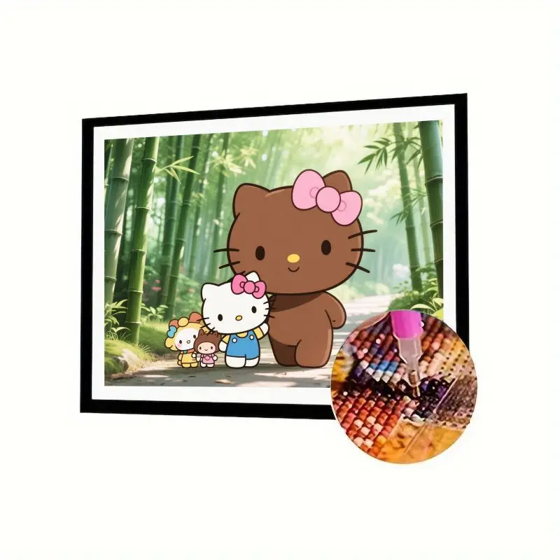 

1 шт., набор для алмазной живописи Hello Kitty Family с героями мультфильмов — милые персонажи в стиле Sanrio в бамбуковом лесу, 5D, сделай сам, полная дрель, круглый R
