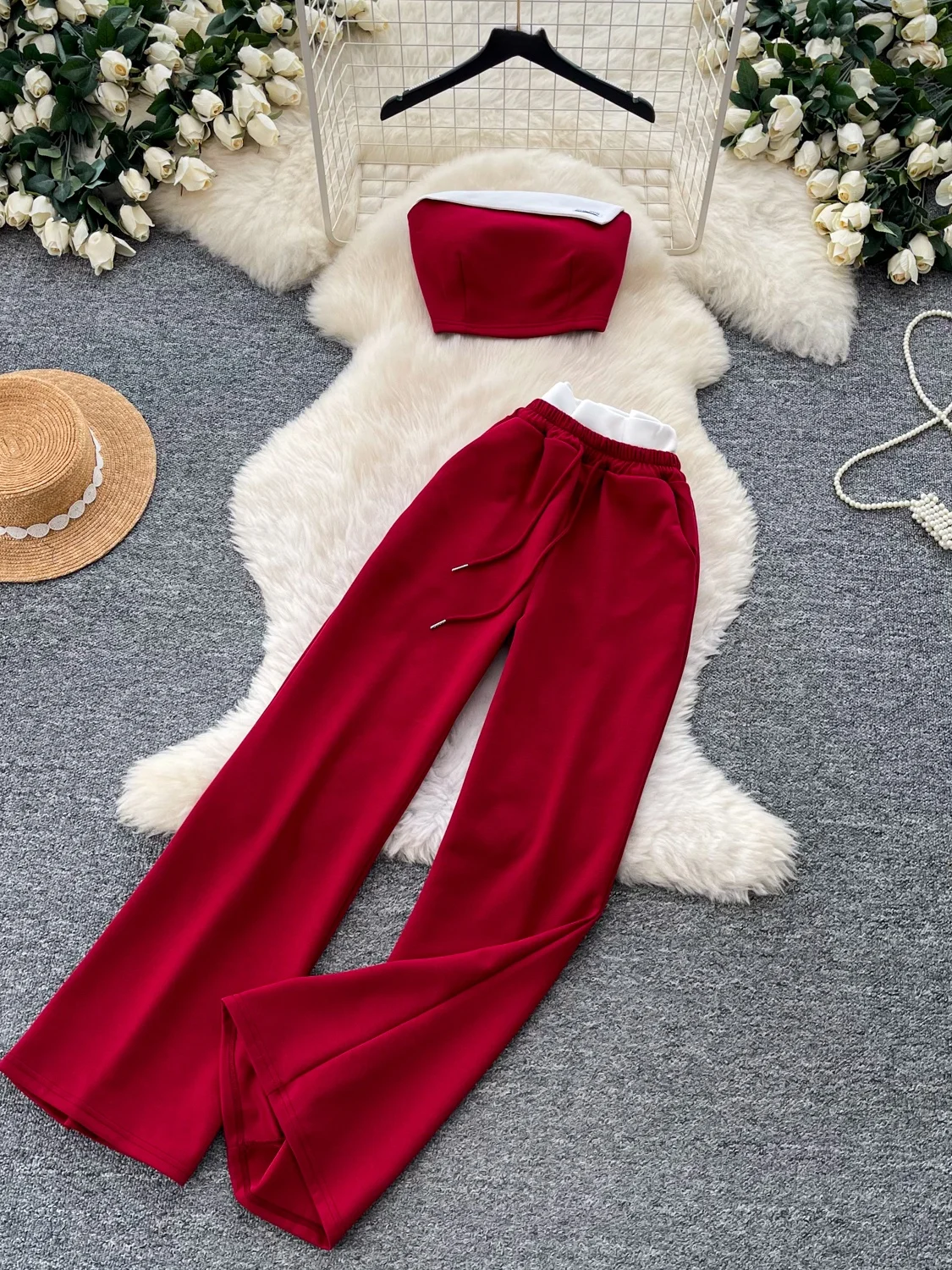 

Sexy Strapless High Waist Wide Leg Pants Two-Piece Set Women Summer Sleeveless Maturity Casual Fashion Ensemble Outfit