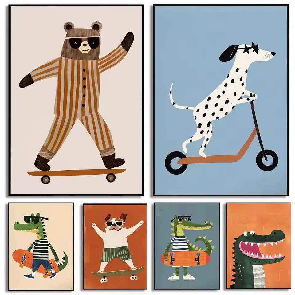 Funny Skateboard Dog Bear Crocodile Cartoon Abstract Animals Poster Canvas Painting Wall Art Pictures Home Nursery Decor Gift