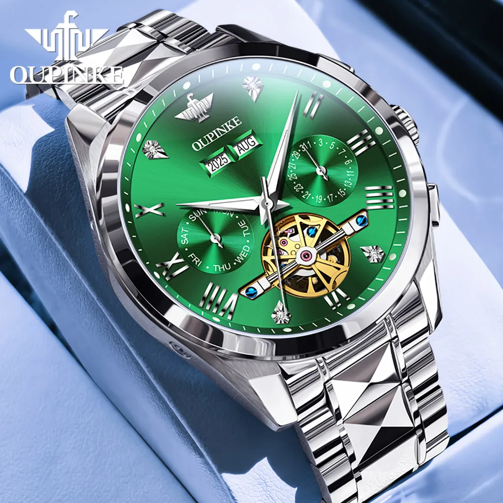 OUPINKE 3240 Skeleton Herrenuhren 50 m wasserdicht automatische mechanische Uhr Saphir leuchtendes Datum Wolframstahl Markenuhr 10