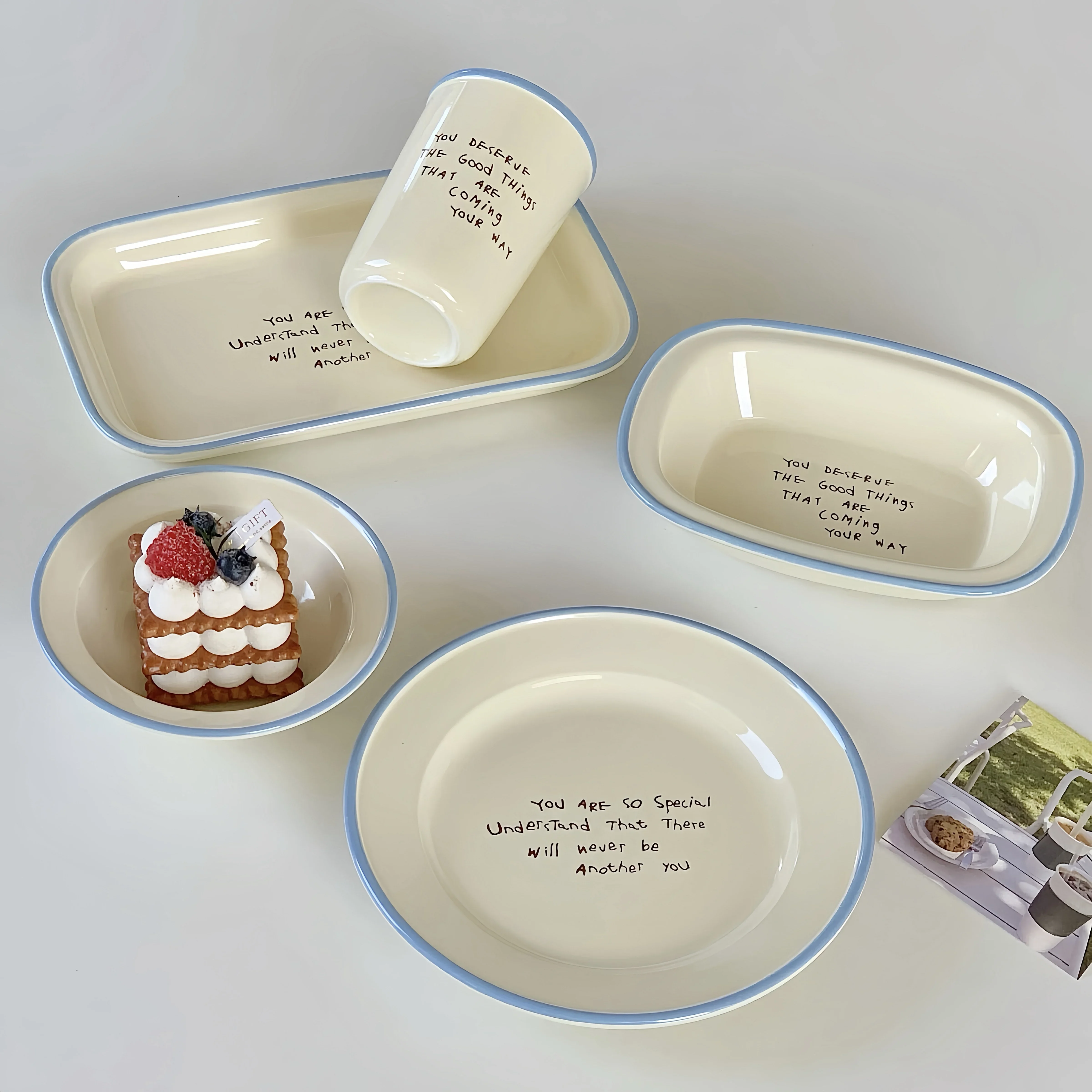 Off White English Letter Square Rotundity Ceramics Deep Plate Breakfast Dinner Dessert Vegetable Plate Bowl Kitchen Porcelain